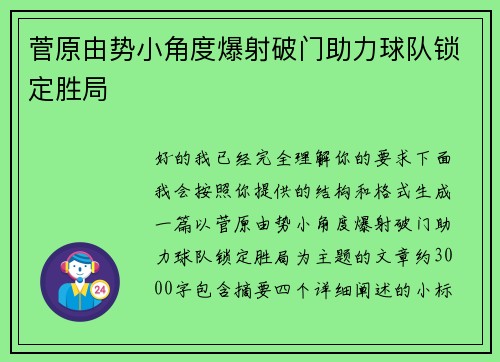 菅原由势小角度爆射破门助力球队锁定胜局 菅原由势小角度爆射破门助力球队锁定胜局